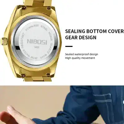 Stainless steel gold watch with sealing bottom cover gear design, waterproof, high-quality movement, perfect for optometry and eyewear enthusiasts.