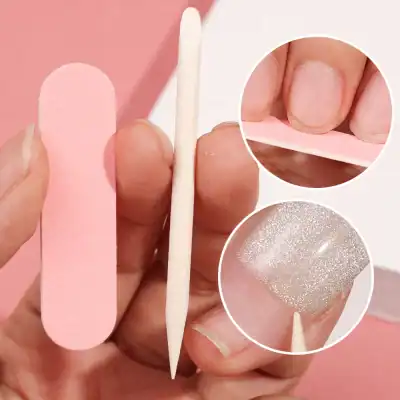 Pink nail file with glitter, cotton swab, and close-up of manicured nails for nail care and beauty treatments at Monalisa Store.