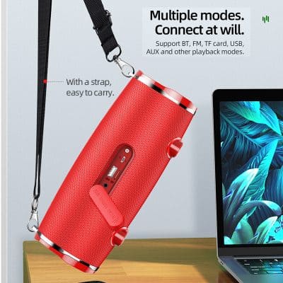 Wireless portable Bluetooth speaker with strap, red color, compatible with Bluetooth, FM, TF card, USB, AUX, loud sound, easy to carry for outdoor use.