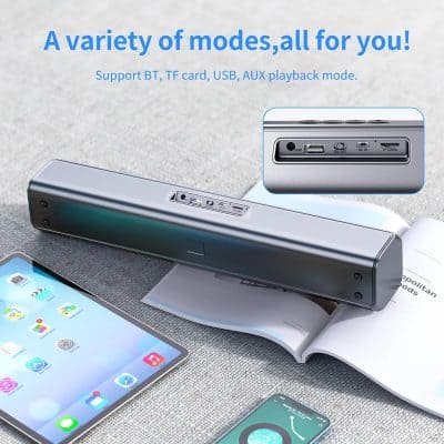 Portable Bluetooth speaker with AUX, USB, TF card, and playback modes for versatile audio experience.