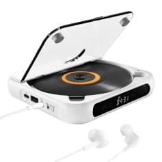 Modern portable turntable with digital display and wireless earbuds for high-quality audio playback - ideal for music lovers and vintage audio enthusiasts.