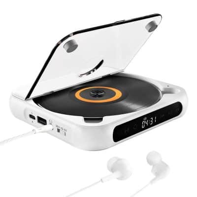 Modern portable turntable with digital display and wireless earbuds for high-quality audio playback - ideal for music lovers and vintage audio enthusiasts.