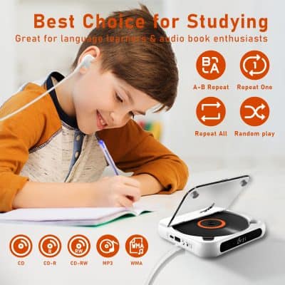 Audio learning device for children, portable CD and MP3 player for studying and entertainment, with wireless connectivity and multiple playback options for educational use.
