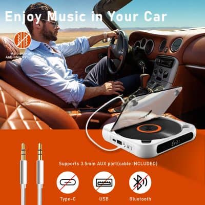 Enjoy music while driving with portable Bluetooth FM transmitter car kit, supporting 3.5mm AUX, Type-C, and USB for seamless connectivity and enhanced audio experience.