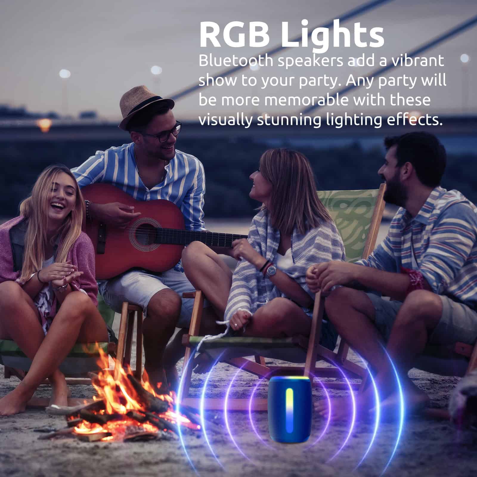 RGB LED lights with Bluetooth speakers creating a vibrant party atmosphere on the beach at sunset. Enjoy colorful lighting effects and music for memorable gatherings.