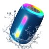Colorful waterproof portable Bluetooth speaker with LED light, splash-proof design, high-quality sound for outdoor activities, pool parties, and travel.