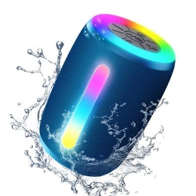 Colorful waterproof portable Bluetooth speaker with LED light, splash-proof design, high-quality sound for outdoor activities, pool parties, and travel.