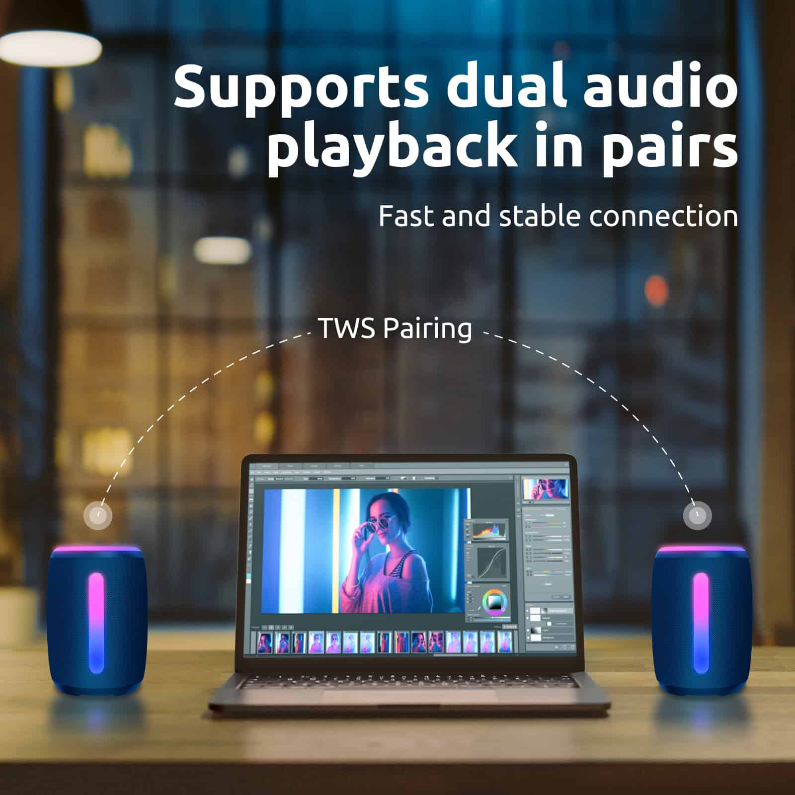 Wireless stereo speakers supporting dual audio playback with TWS pairing for immersive sound experience.