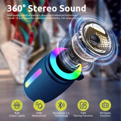 Wireless portable speaker with RGB color lights and Bluetooth 5.3 technology, waterproof IP68 design, TWS pairing, and FM radio function for outdoor and indoor use.