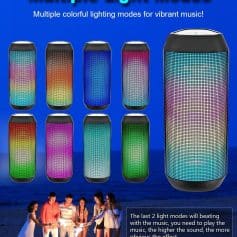 Colorful LED portable speaker with multiple light modes for vibrant music and party ambiance.