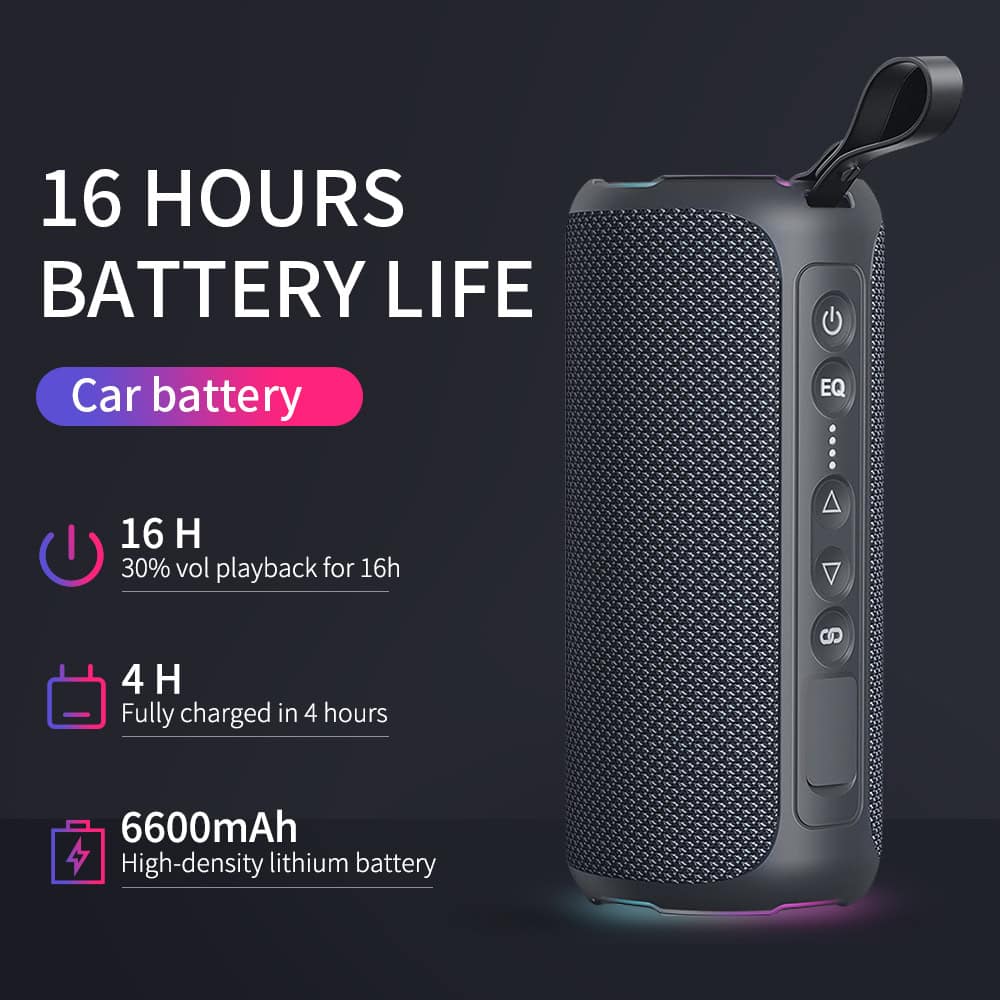 Long-lasting portable speaker with 16-hour battery life features, ideal for outdoor activities and travel. High-density lithium battery ensures reliable power for extended use.