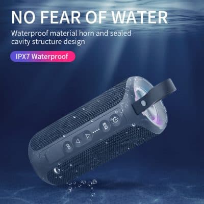 Waterproof Bluetooth speaker with IPX7 rating featuring horn and sealed cavity design, ideal for outdoor use and water resistance, perfect for beach, pool, or water sports activities.