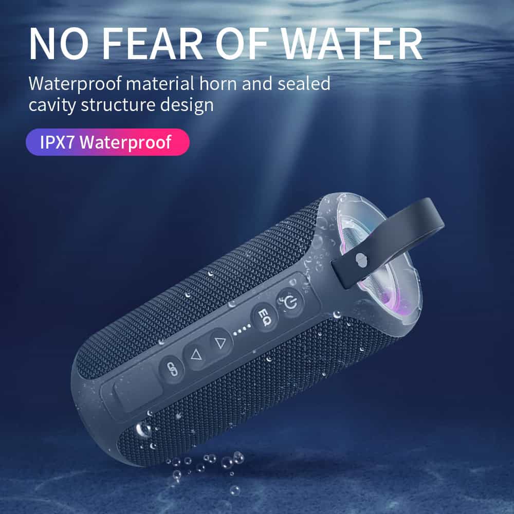 Waterproof Bluetooth speaker with IPX7 rating featuring horn and sealed cavity design, ideal for outdoor use and water resistance, perfect for beach, pool, or water sports activities.