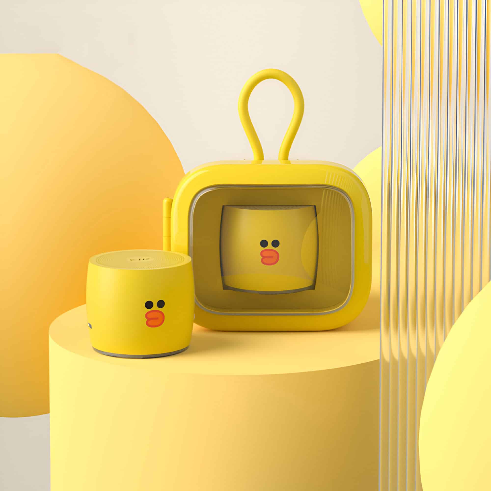 Bright yellow duck-themed portable speaker and container set with a playful, cartoon duck face design, perfect for making your opt experience fun and stylish.