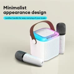 Wireless microphone set with portable speaker, ideal for karaoke or events, compact design by Hyundai.