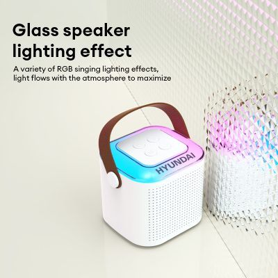 Colorful RGB glass speaker with lighting effects, wireless Bluetooth portable design, perfect for modern entertainment and ambiance settings, branded Hyundai.
