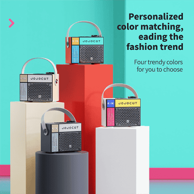 Mini portable speakers with personalized color options displayed on colorful pedestals for fashion trend accessories.