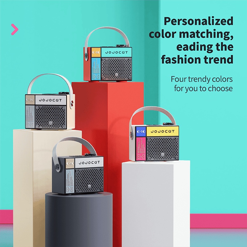 Mini portable speakers with personalized color options displayed on colorful pedestals for fashion trend accessories.