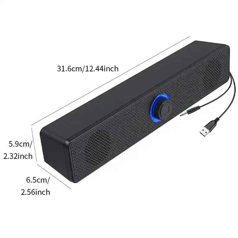 Portable Bluetooth speaker with USB charging cable, compact design, and audio control knob for clear sound, perfect for home, office, or outdoor use.