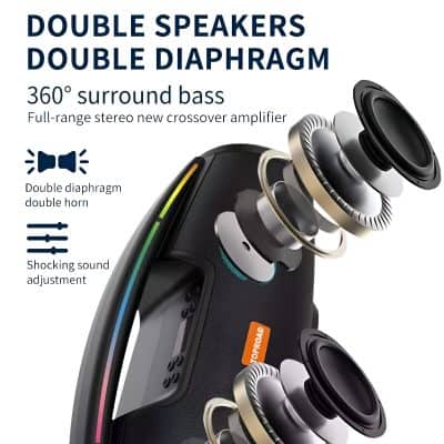High-quality portable speaker showcasing double speakers and diaphragm for immersive sound, ideal for multimedia and on-the-go listening experiences.