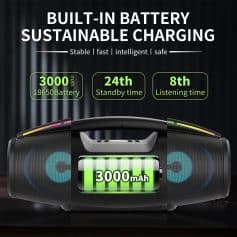 Built-in rechargeable battery for long-lasting, sustainable charging in portable speakers.