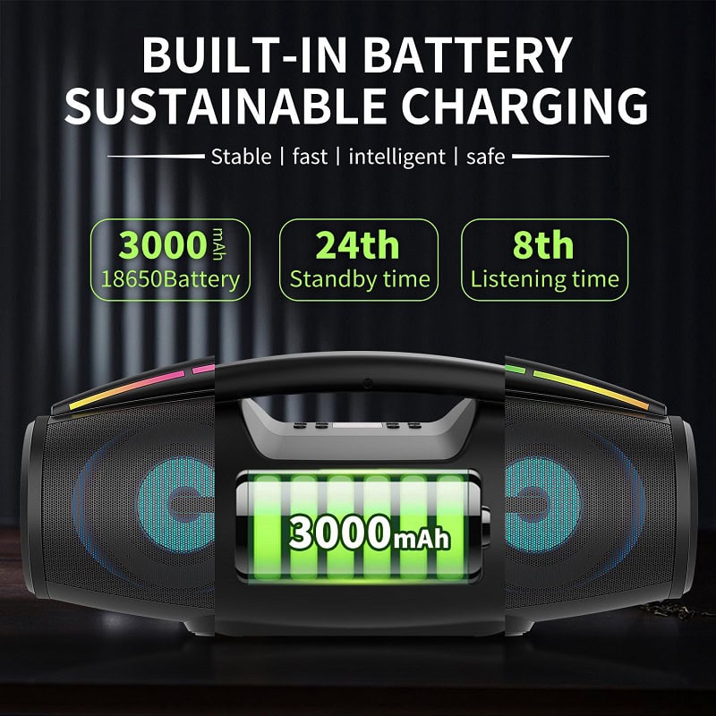 Built-in rechargeable battery for long-lasting, sustainable charging in portable speakers.