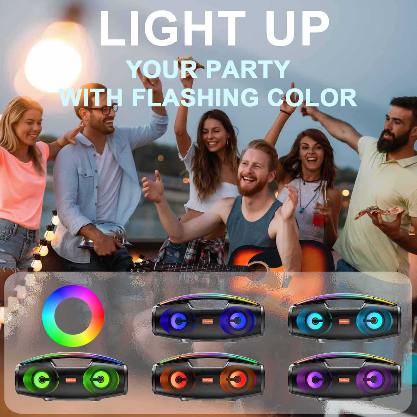 Vibrant party LED Bluetooth speakers with colorful lighting, perfect for outdoor gatherings and music lovers, featuring dynamic flashing colors and portable design for celebrations.
