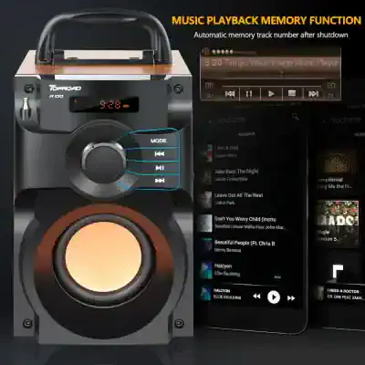 Bluetooth music speaker with remote control and digital display for high-quality audio.