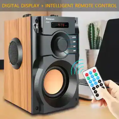Wireless speaker with remote control, digital display, and wooden finish for home audio enhancement.