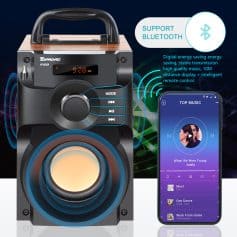 Bluetooth-enabled portable speaker with digital display and remote control, ideal for high-quality music and energy-saving features. Perfect for home or outdoor entertainment.
