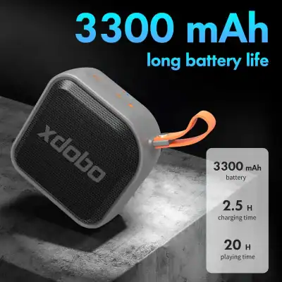 Enhanced portable Bluetooth speaker with 3300mAh battery, long-lasting playback, fast charging, and compact design for outdoor and indoor use.