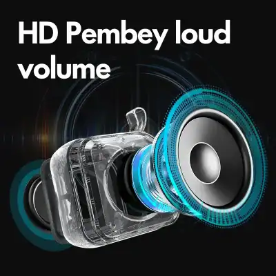 HD loud volume speaker with transparent casing and vibrant digital sound waves for immersive audio experience.