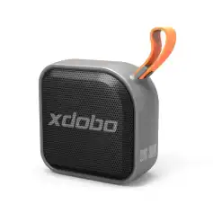 Portable Bluetooth speaker with strap, black gray compact design, wireless audio device, perfect for outdoor use, made by xdoho, high-quality sound, lightweight and durable, ideal for travel and activities.
