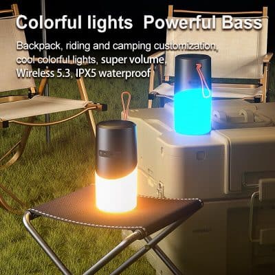 Colorful portable Bluetooth speaker with LED lights, waterproof, wireless 5.3, great for camping, hiking, music lovers, outdoor adventures.