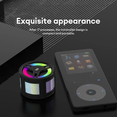 Wireless portable music player and stylish speaker from Monalisa Store, featuring sleek design, vibrant RGB lighting, and high-quality sound for an enhanced listening experience.