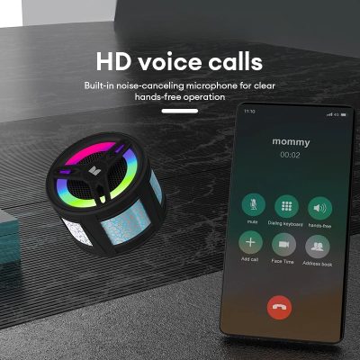 Wireless portable speaker with LED light and a smartphone showing a call screen, suitable for hands-free communication and HD voice calls.