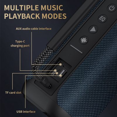 High-quality portable Bluetooth speaker with multiple playback modes, AUX and USB connectivity, Type-C charging port, TF card slot, and superior sound performance. Perfect for home, outdoor, and travel use.