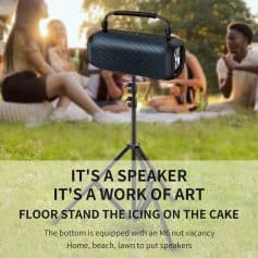 Portable Bluetooth speaker on a stand with people enjoying outdoors, ideal for home, beach, and lawn parties, showcasing innovative speaker stand design for outdoor use.