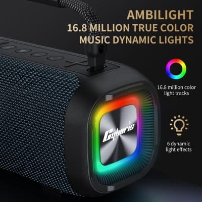 Vibrant LED speaker with 16.8 million true color light tracks and 6 dynamic light effects, ideal for enhancing entertainment experiences with colorful music lighting.