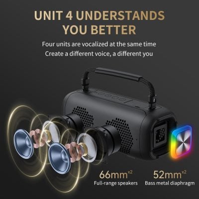 High-quality portable speaker with 66mm full-range drivers and 52mm bass metal diaphragm, perfect for enhanced audio experience.