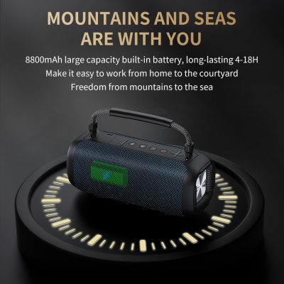 Portable Bluetooth speaker with long battery life, ideal for home and outdoor use, featuring 8800mAh capacity, lightweight design, and waterproof functionality. Perfect for travel and outdoor activities.