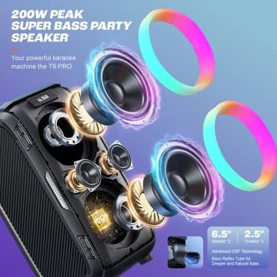 Speaker system with enhanced bass and colorful LED lights, perfect for parties and karaoke. Features include 200W peak power, dual woofers, tweeters, and advanced DSP technology for deep, natural sound.