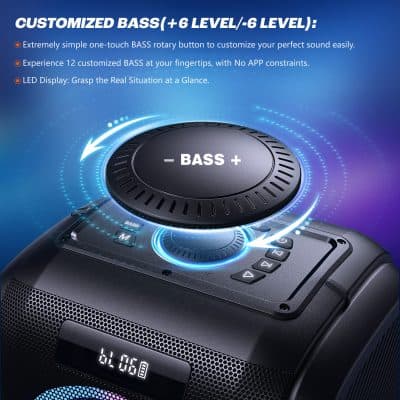 Customized bass speaker with adjustable levels, LED display for real-time control, and intuitive one-touch rotary button for personalized sound. Ideal for premium audio experiences.