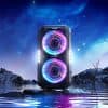 High-powered portable Bluetooth speaker with colorful LED lights, rugged design, perfect for outdoor events and parties, offers superior sound quality, deep bass, and long-lasting battery life for music enthusiasts.