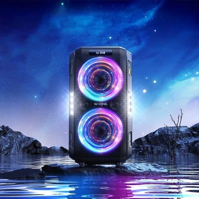 High-powered portable Bluetooth speaker with colorful LED lights, rugged design, perfect for outdoor events and parties, offers superior sound quality, deep bass, and long-lasting battery life for music enthusiasts.