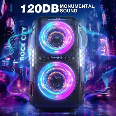 Blue wireless speaker with colorful LED lights in an urban neon-lit cityscape, highlighting high-quality sound and modern design for entertainment setups.