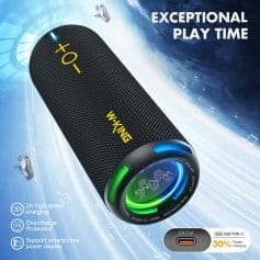 Portable Bluetooth speaker with colorful LED lights, high-speed charging, and overcharge protection, ideal for outdoor and indoor use, supporting smartphone power display, perfect for music lovers.