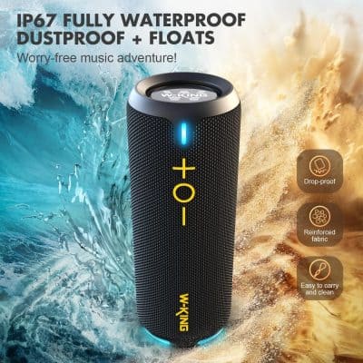 IP67 waterproof portable Bluetooth speaker with dustproof and floating capabilities, ideal for outdoor music activities.