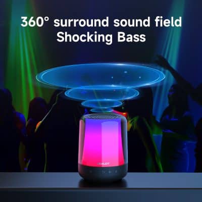 360° surround sound Bluetooth speaker with LED light display, delivering immersive audio and colorful lighting effects for parties and events. Perfect for stylish home entertainment.
