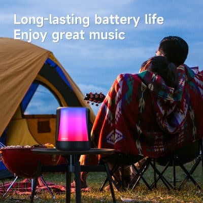Battery life and portable speaker at Monalisa Store camping outdoor scene with couple Enjoying music.